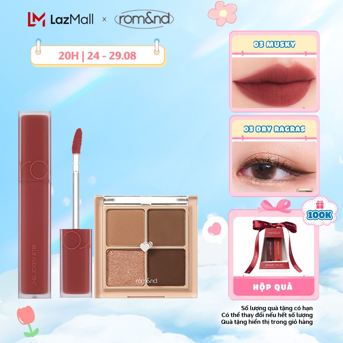 Combo Bảng màu mắt Romand Better Than Eyes 6.5g + Son kem siêu lì Romand Blur Fudge Tint 5g