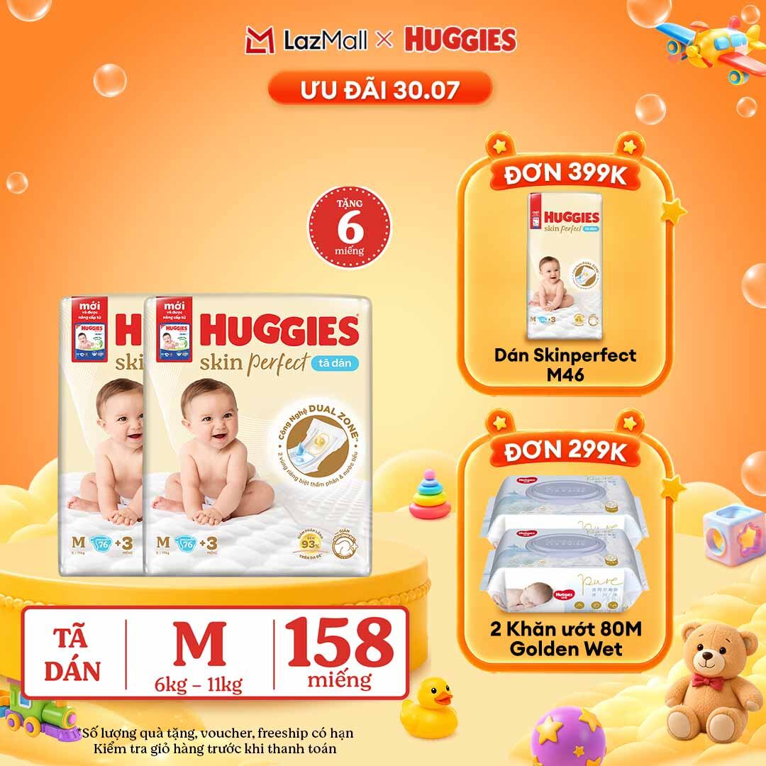 [30.7 QUÀ TẶNG ĐƠN 0Đ] [Tặng thêm 6 miếng tã] Combo 2 Tã dán Huggies Skin Perfect Super Jumbo M76 miếng