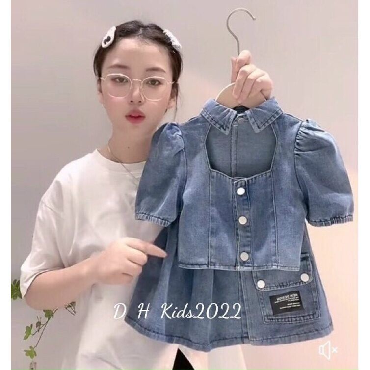 Sét Jean cổ sơ mi khoét ngực sang chảnh + phối chân váy có lót quần