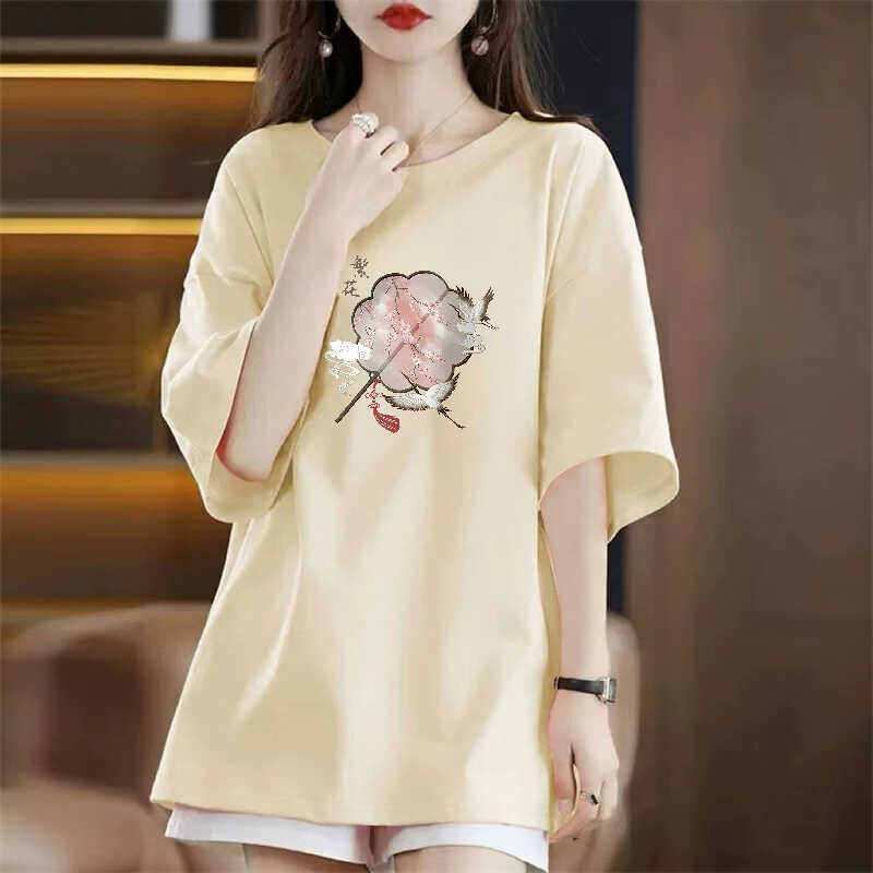 Áo Thun Nữ Tay Ngắn Phong Cách Trung Quốc, Áo Thun in Họa Tiết Mùa Hè, Cổ Tròn, Dài Vừa Phải, Thường Ngày, Tay Ngắn, Trung Tính