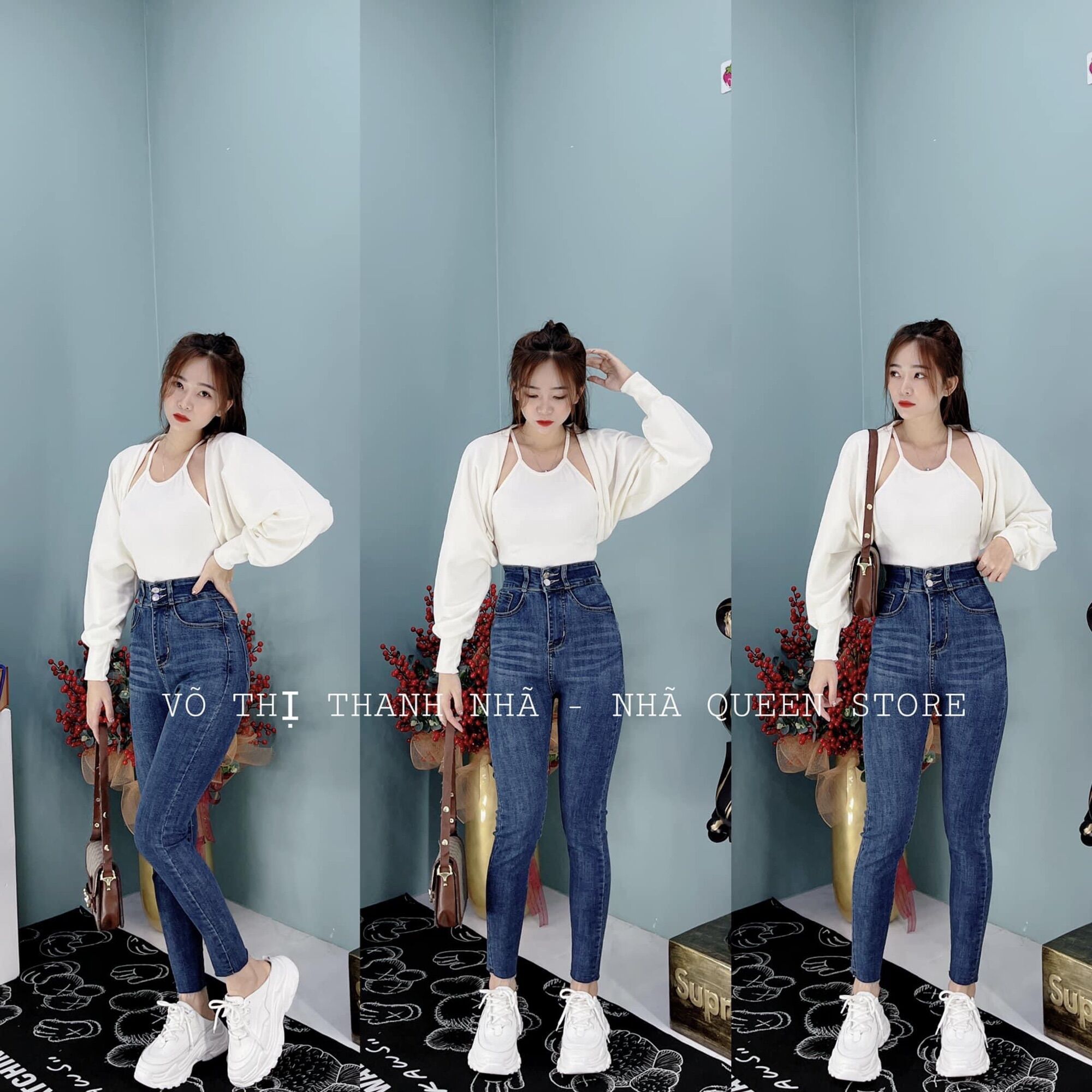 Jeans dài 2 nút lưng cao + set 2 món yếm khoác cánh dơi