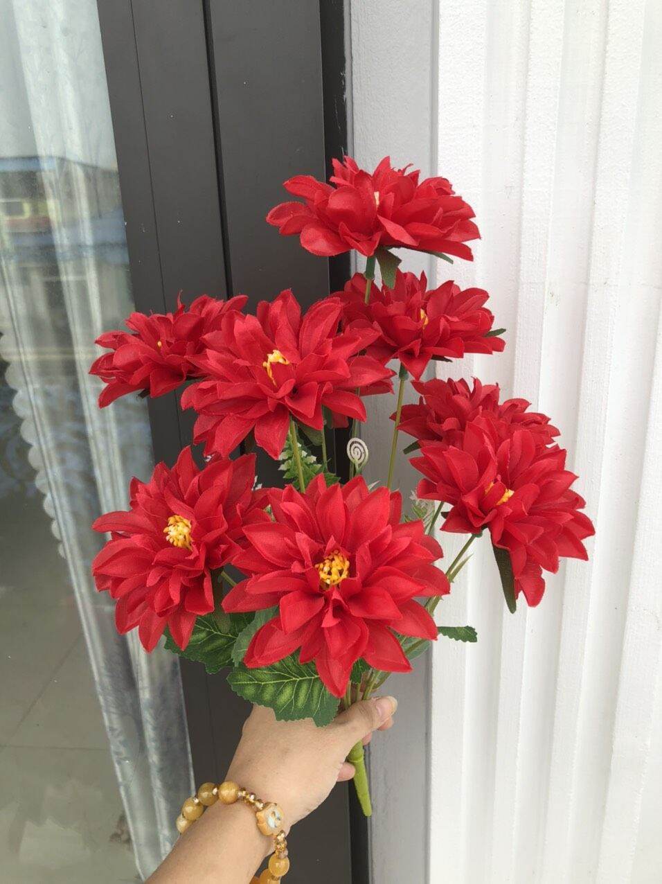 Cụm Hoa Thược Dược 9 bông Size 8cm_ Hoa Lụa Cao Cấp