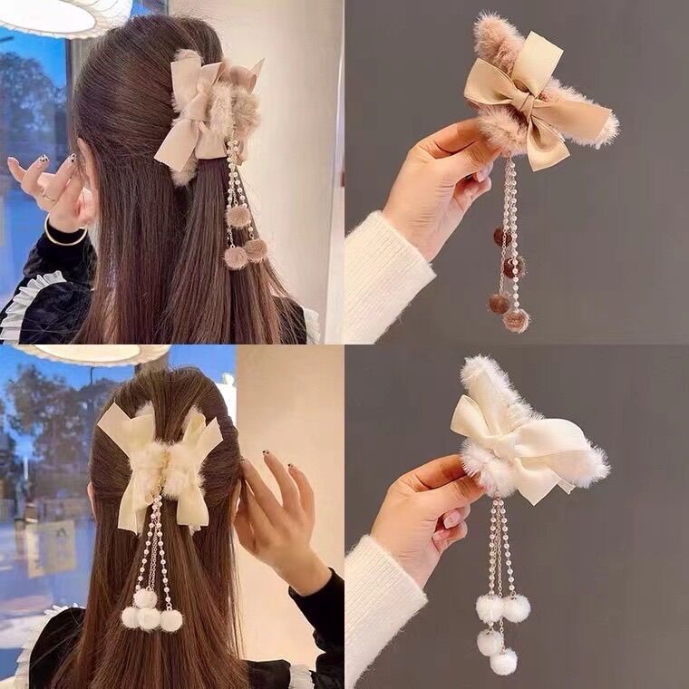 Kẹp tóc nơ phối lông tua rua phong cách Hàn Quốc