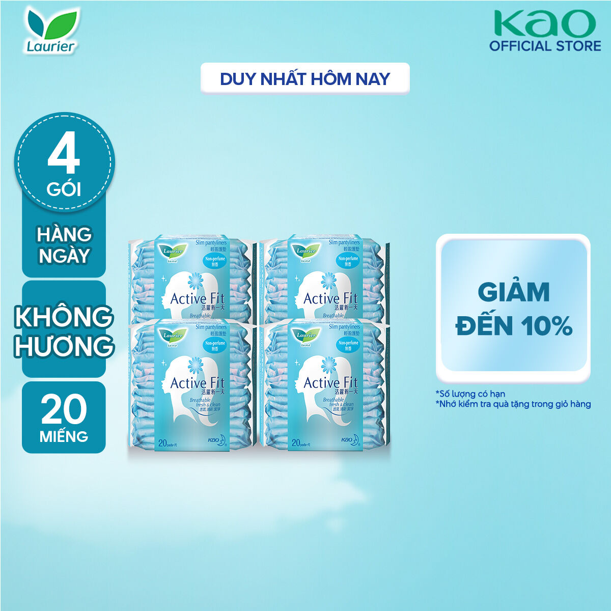 Combo 4 Băng vệ sinh hàng ngày Laurier Active Fit mềm mịn khô thoáng 20 miếng