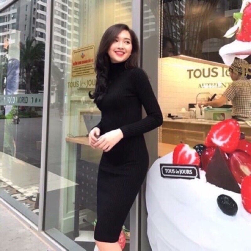 Váy đầm len tăm body cổ lọ chất len dày dặn