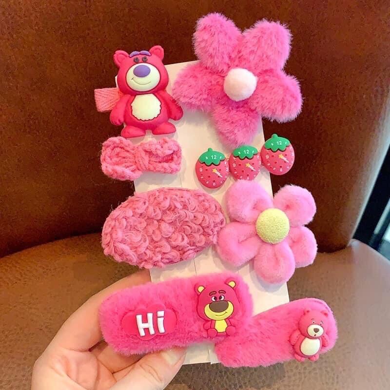 SÉT 8 KẸP TÓC HÌNH GẤU DÂU HỒNG