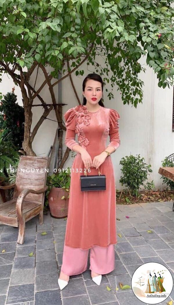 Áo dài nhung hồng cao cấp