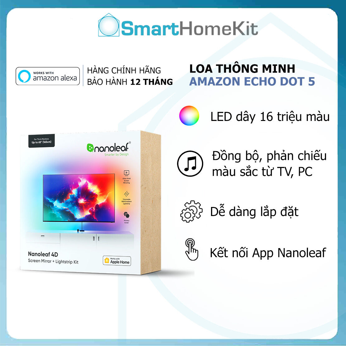 Đèn thông minh đồng bộ màn hình Nanoleaf 4D Screen Mirror + Lightstrip Kit 65-85 Chính Hãng - Bảo hành 2 Năm