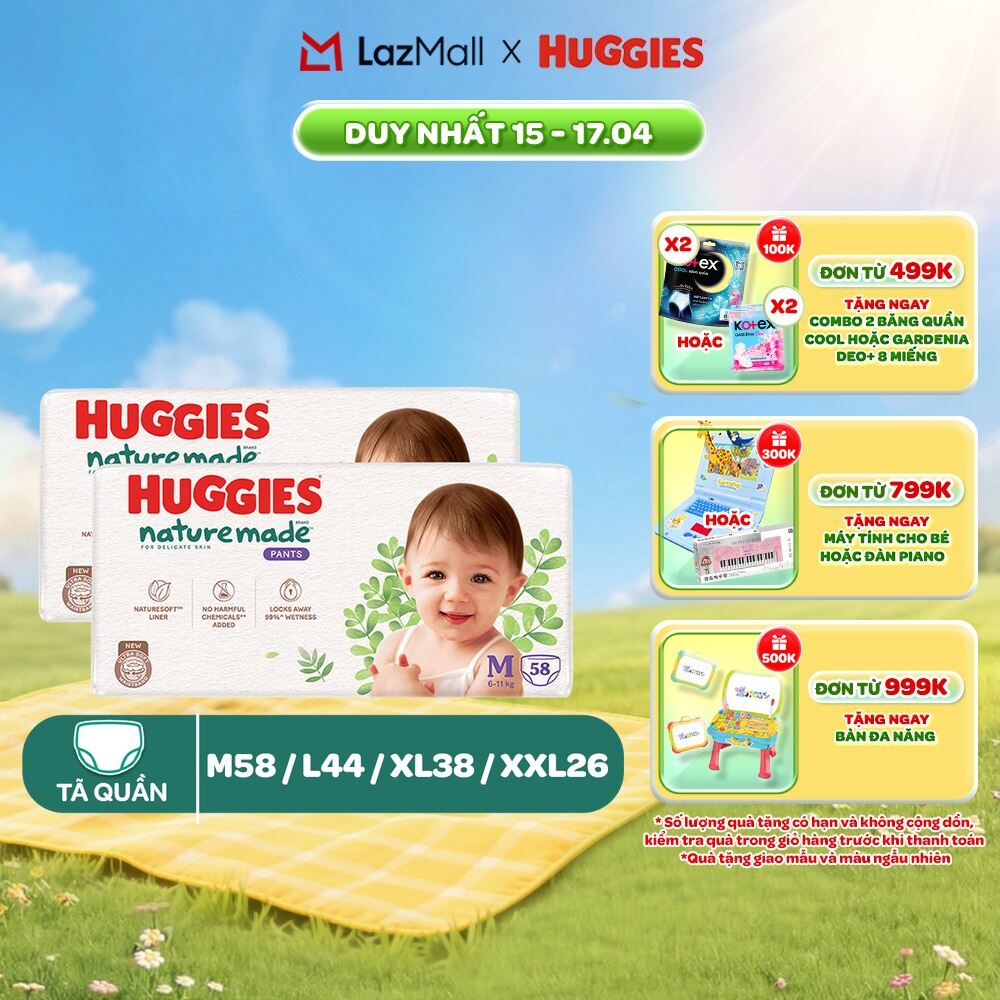 Combo 2 Tã/Bỉm quần Huggies NatureMade M58/ L44/XL38/XXL26/XXXL28