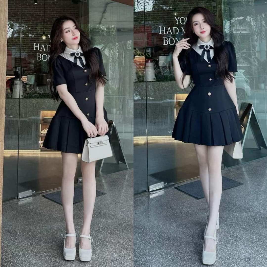 50-90kg Bigsize Đầm Đi Tiệc Mini Cổ Nơ Tiểu Thư