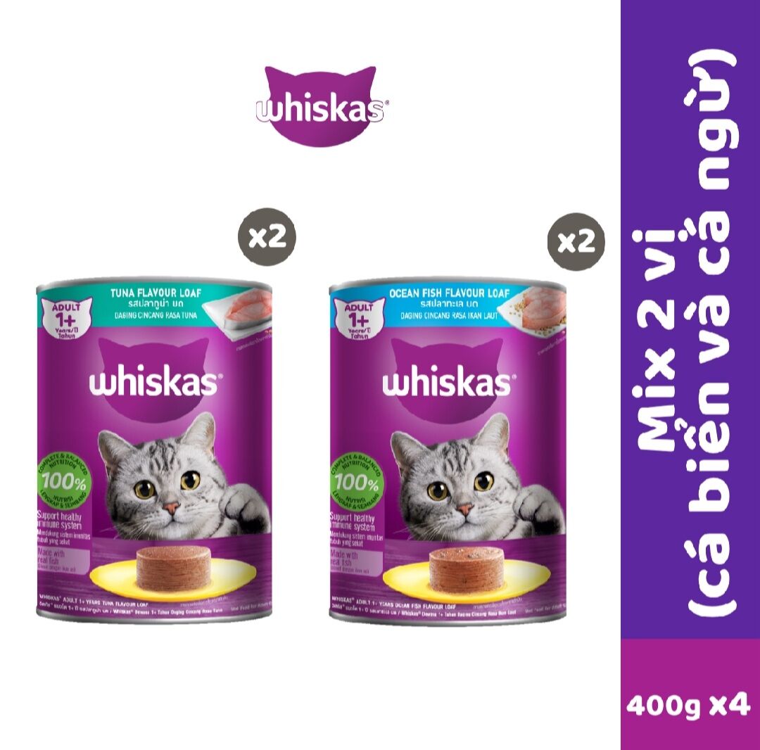 Combo thức ăn Whiskas cho mèo dạng Pate vị Cá ngừ và Cá biển 4 hộp x 400g