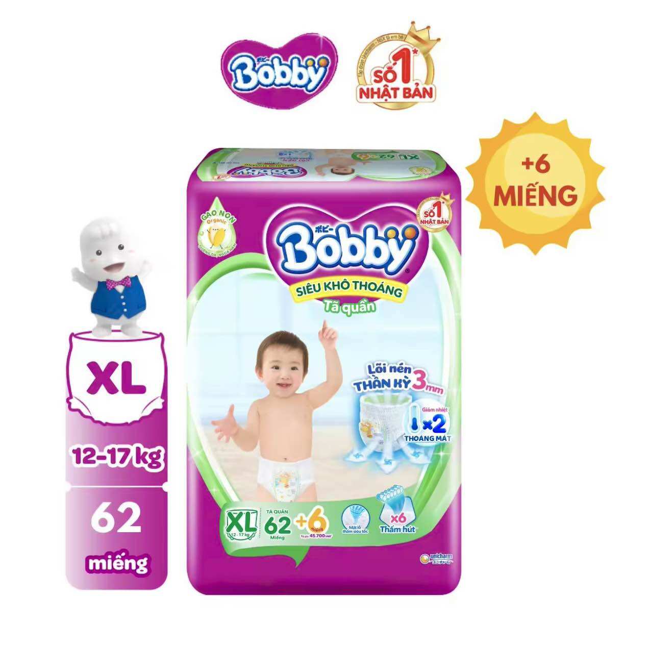 [TẶNG THÊM 6 MIẾNG] Tã/bỉm quần Bobby Ultra Jumbo size M76/L68/XL62/XXL56