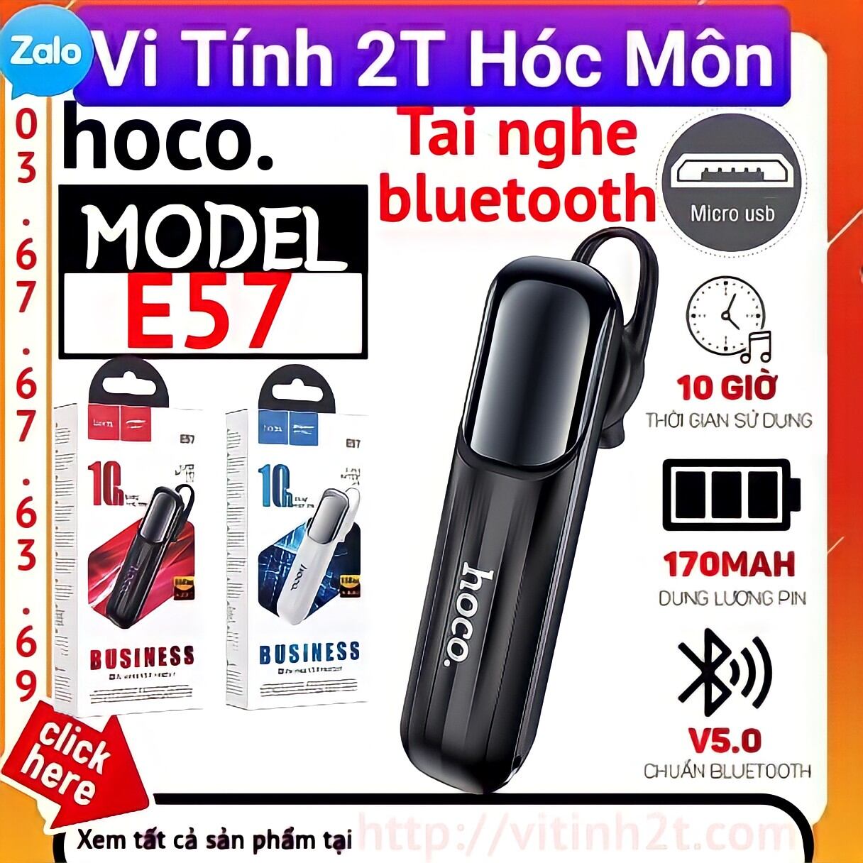 Tai nghe bluetooth 1 bên hoco e57 pin trâu 10 tiếng