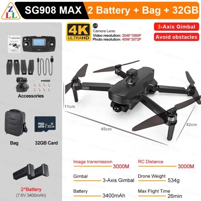 [HCM]Flycam ZLL Sg908 Max 3km - SG908 - 4k gimbal 3 trục - chính