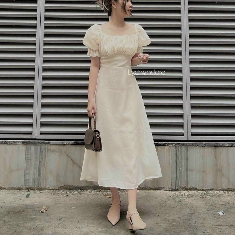 Đầm midi xếp ly nhún ngực tay phồng