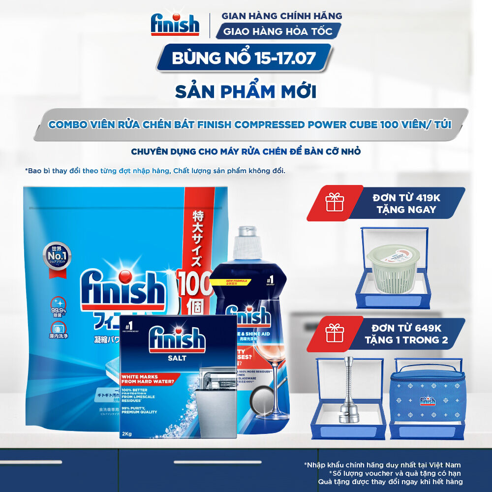 Combo Finish: Viên Rửa Chén Finish Nhật Bản Power Cube 100 Viên + Nước làm bóng Finish 500ml + Muối rửa chén 2kg