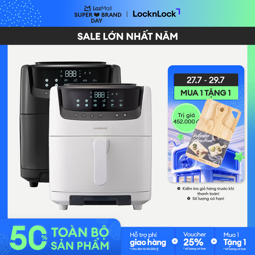 Trả góp 0% - Nồi chiên không dầu kèm hấp 2in1 LockLock 7L EJF881 - Màu Đen/Trắng - 8 chế độ nấu, Làm sạch hơi nước, Bảo hành 2 năm