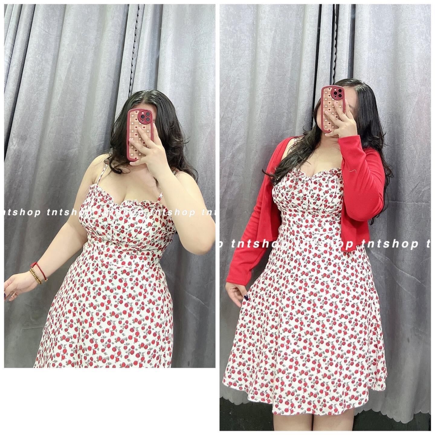 Đầm hoa hai dây kèm áo khoác đỏ