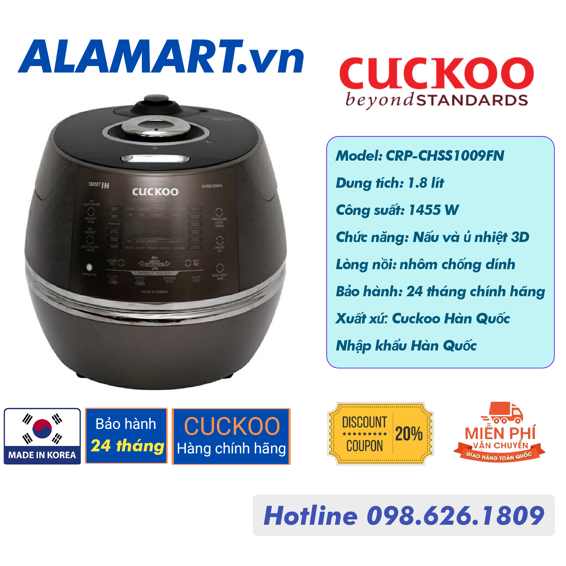 [HCM]NỒI CƠM ÁP SUẤT ĐIỆN CAO TẦN CUCKOO CRP-CHSS1009FN 1.8L