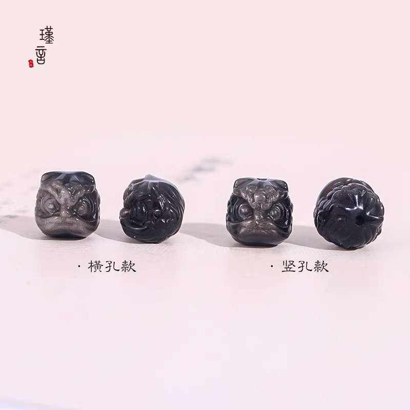 Mặt dây chuyền charm đá obsidian điêu khắc đầu lân