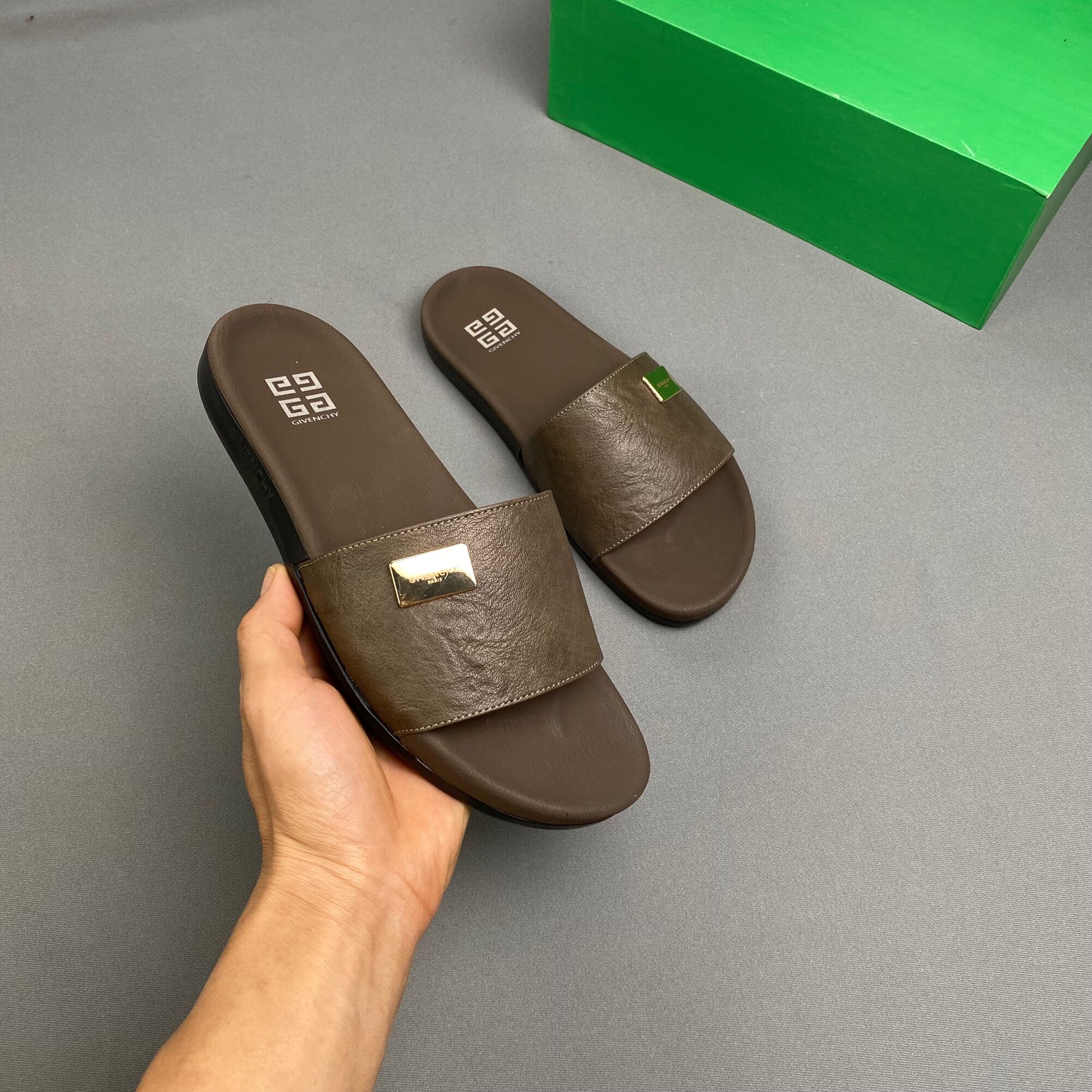 N04 size 44 dép nam quai ngang, dép nam cao cấp, quai da màu nâu đế cao su