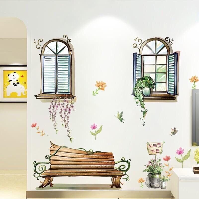 Decal dán tường cô gái xe đạp và cửa sổ