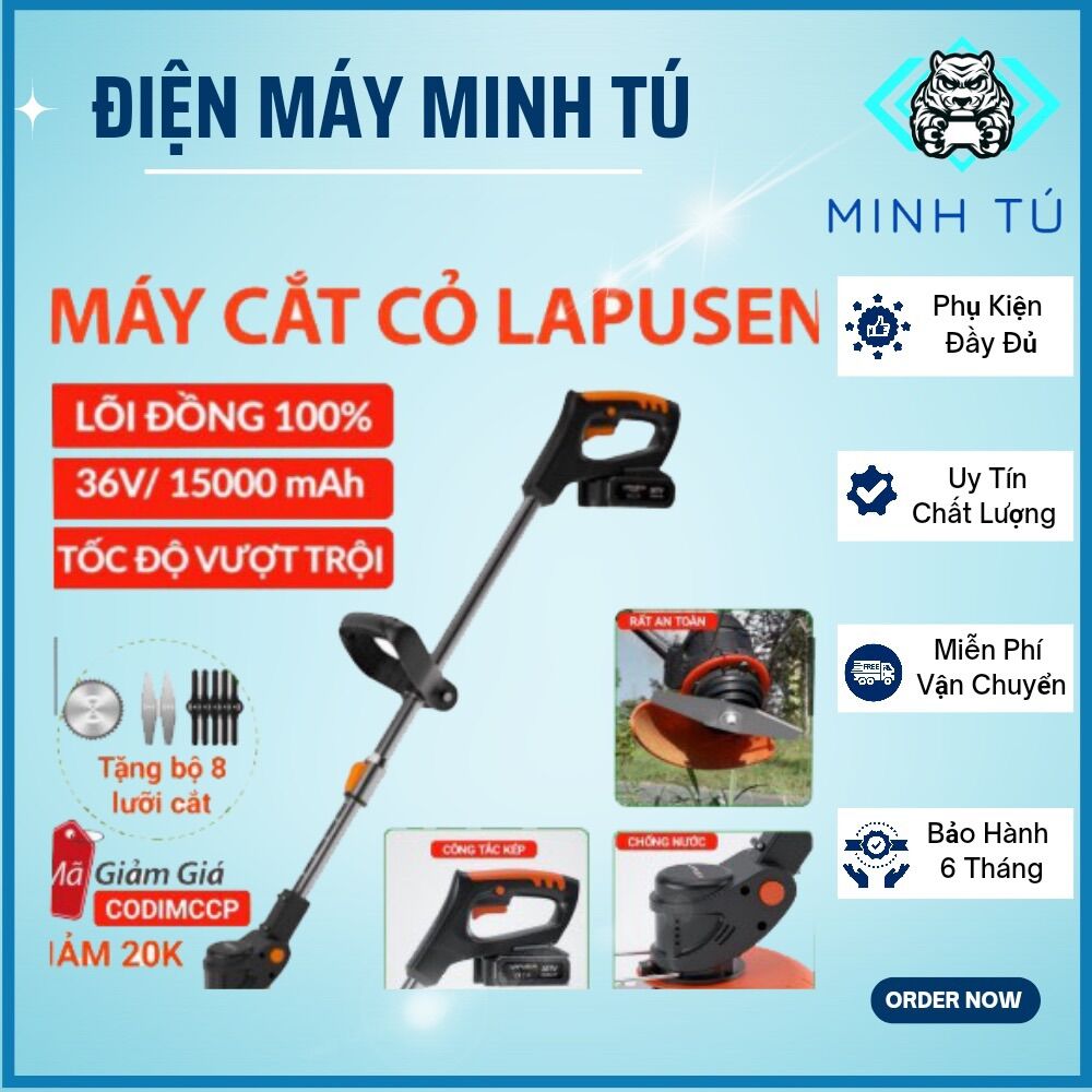 Máy cắt cỏ cầm tay chạy pin LAPUSEN. 2 pin khủng, công suất lớn, tặng bộ 9 lưỡi cắt