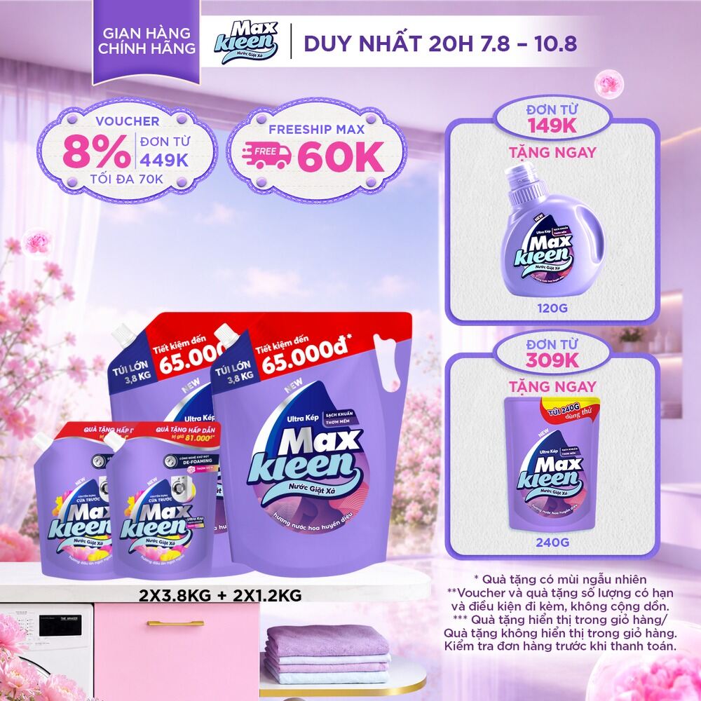 [Tặng túi 1kg2] Combo 2 Túi Nước Giặt Xả MaxKleen Hương Huyền Diệu 3.8kg