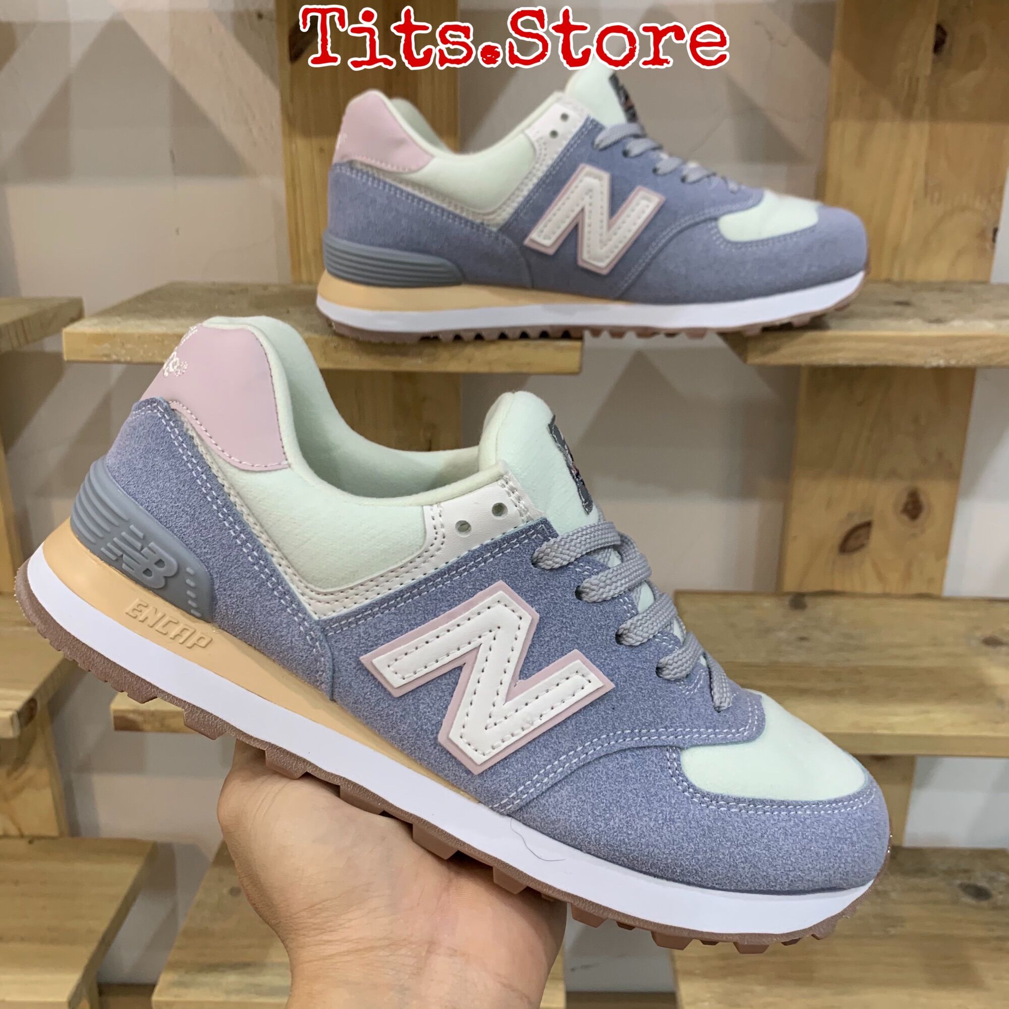 Giày new balance 574 xanh gót hồng, tặng tất hộp