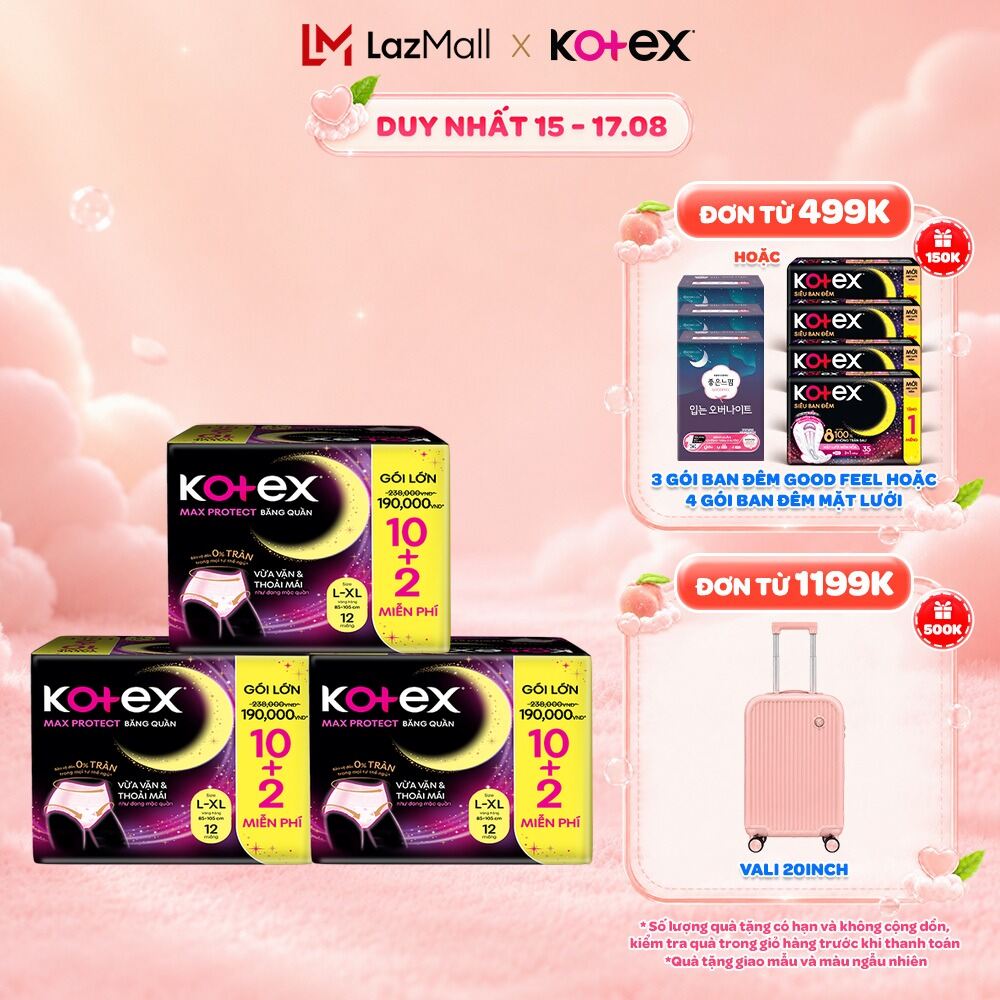 Combo 3 Băng Vệ Sinh Dạng Quần Kotex Ban Đêm Cỡ L/XL (10+2) Miếng/Gói