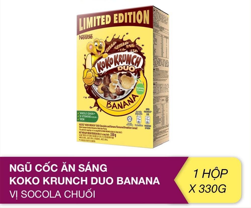 Hộp 330g ngũ cốc ăn sáng koko krunch duo banana vị chuối socola