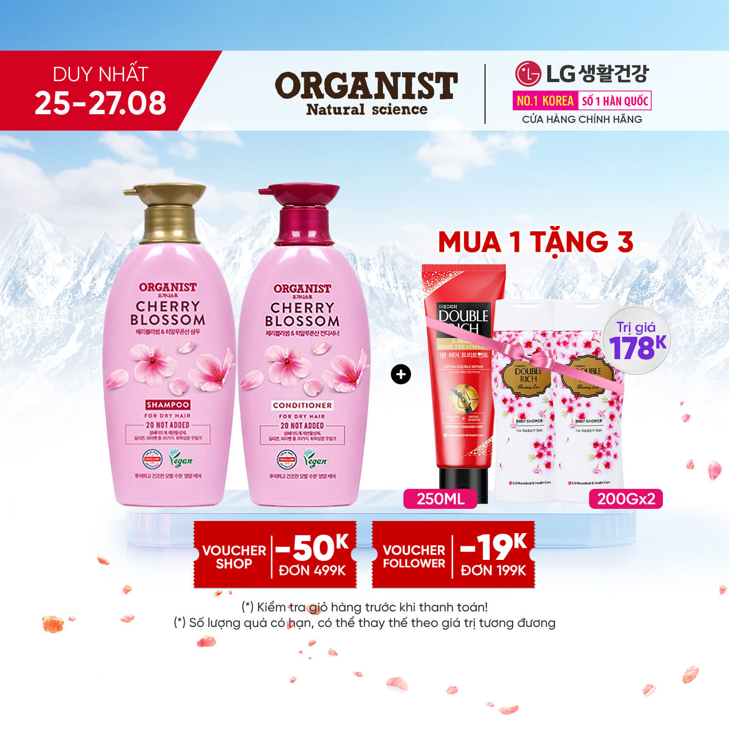 Bộ Đôi Dầu Gội Xả Organist chiết xuất từ Hoa Anh Đào 500ml- Dành cho tóc Khô rối, giúp bảo vệ và mềm mượt tóc