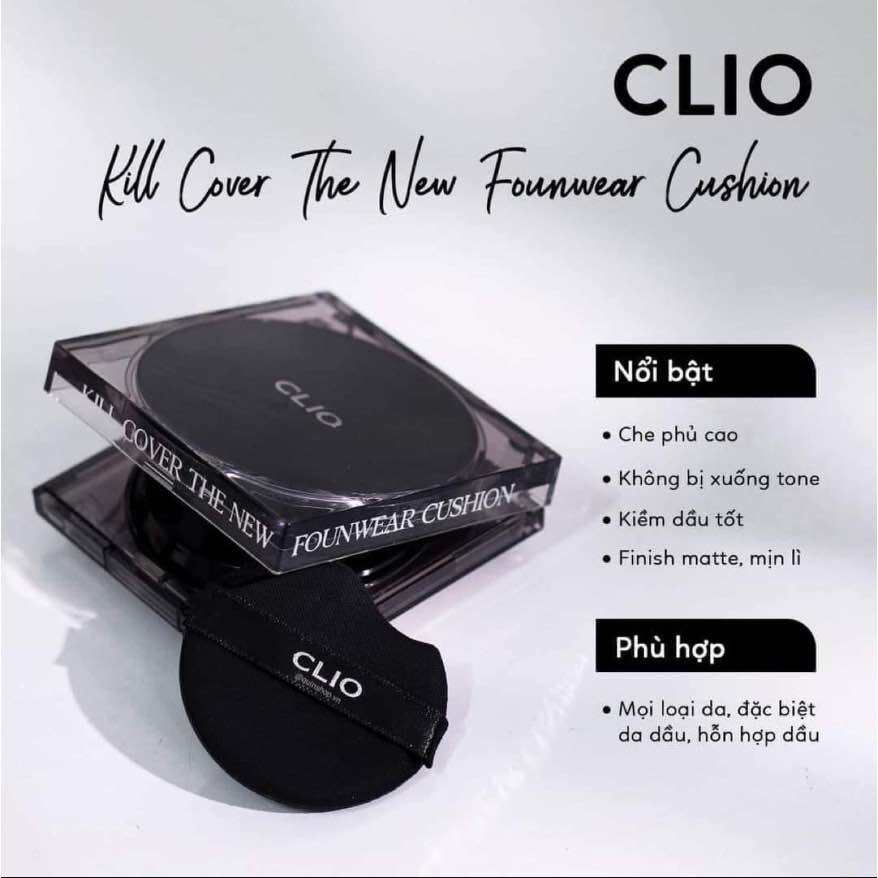Phấn Nước Clio Kill Cover The New Founwear Cushion - (Đen Vuông Trong Suốt + Kèm Lõi)
