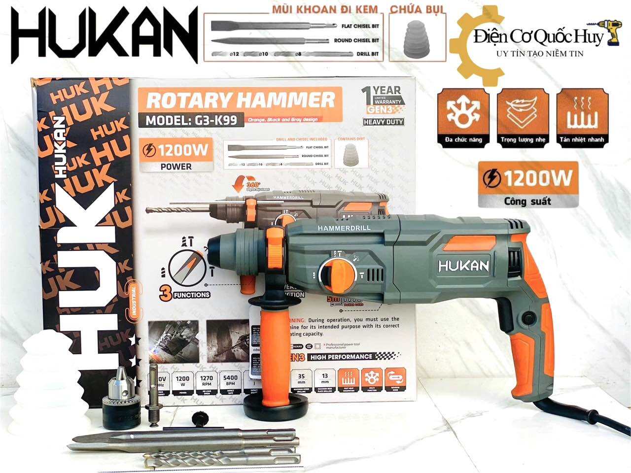 Máy khoan bê tông 3 chức năng HUKAN K94, Công suất 1050W, Tặng Bộ 5 Mũi khoan và Đục