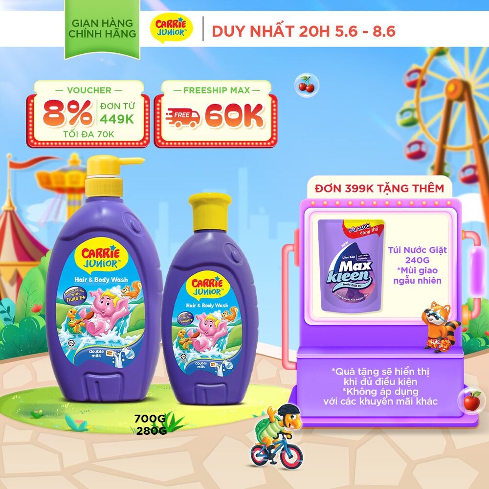 Combo Sữa Tắm Gội cho bé Carrie Junior chiết xuất trái cây thiên nhiên Tinh Chất Sữa 700g + 280g