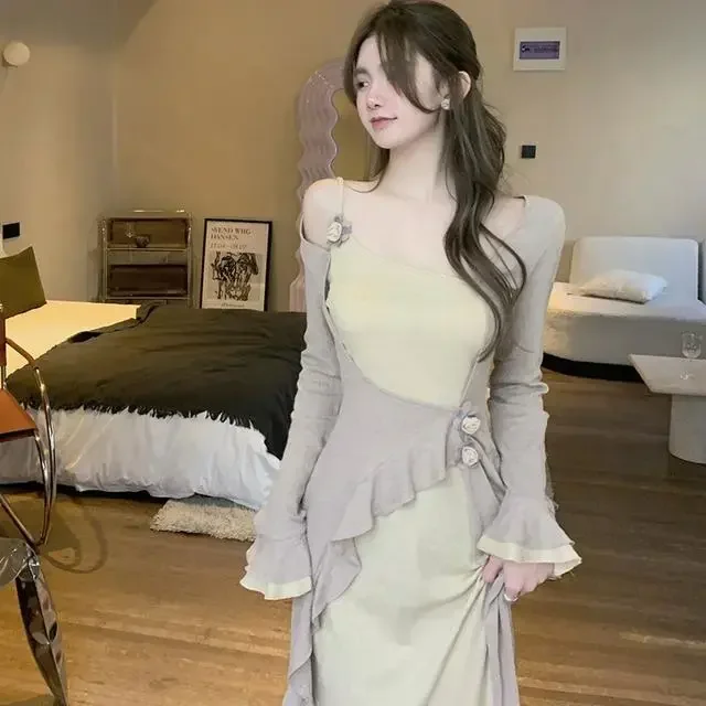 Đầm Dài Trễ Bên Vai Nữ Tính Phong Cách Tiểu Thư