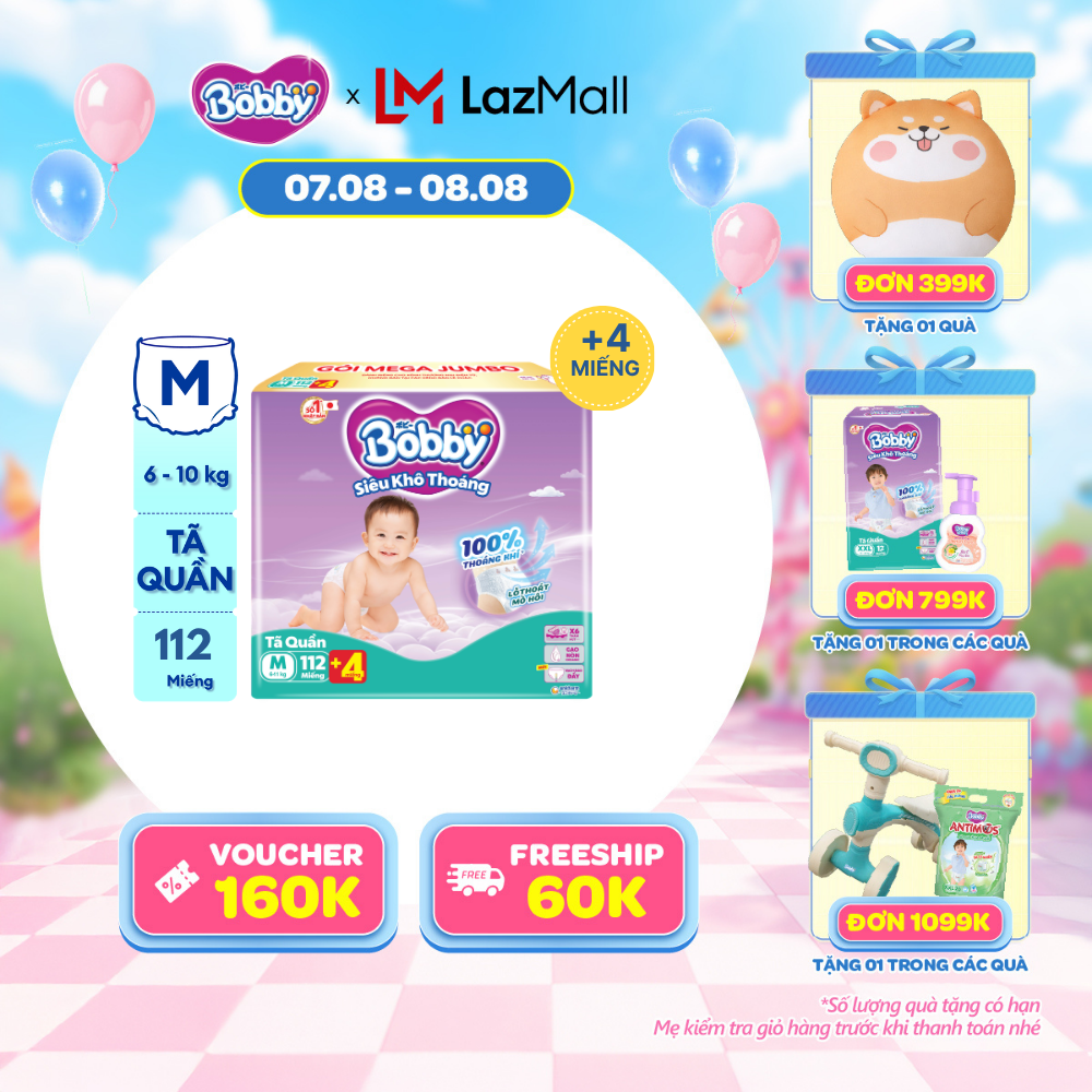 [20g 7-10.8 QUÀ TO][TẶNG MIẾNG NGẪU NHIÊN] Tã quần Bobby Siêu Khô Thoáng - 100% Thoáng Khí Mega Jumbo M112 (số miếng tặng thay đổi theo từng đợt nhập hàng)