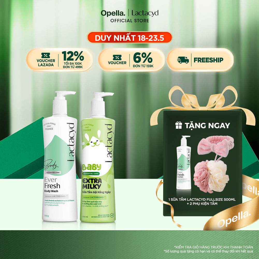 Bộ 1 Sữa tắm Lactacyd Ever Fresh mang lại làn da thơm mát và tràn đầy sức sống đến 24 giờ + 1 Sữa Tắm Gội Trẻ Em Lactacyd Milky Bảo Vệ, Nuôi Dưỡng Da và Tóc Bé Vượt Trội 500ml Cho Bé