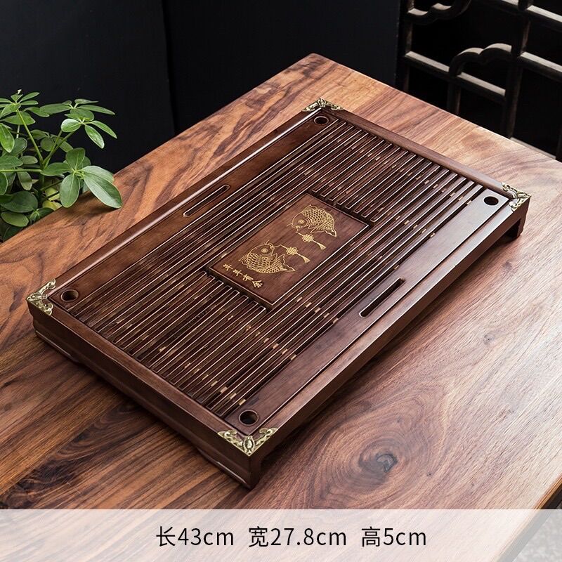 Khay Gỗ Ấm Chén Bọc Viền Đồng 43x28x5.5