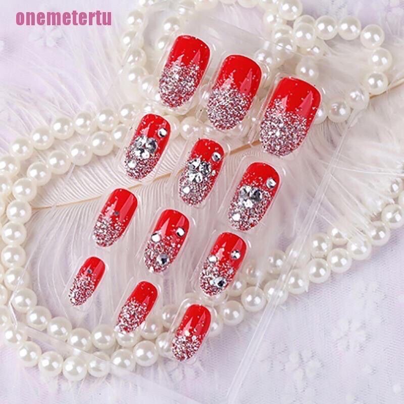 Bộ 24 Móng Tay Giả Màu Đỏ Đính Đá Cực Sang