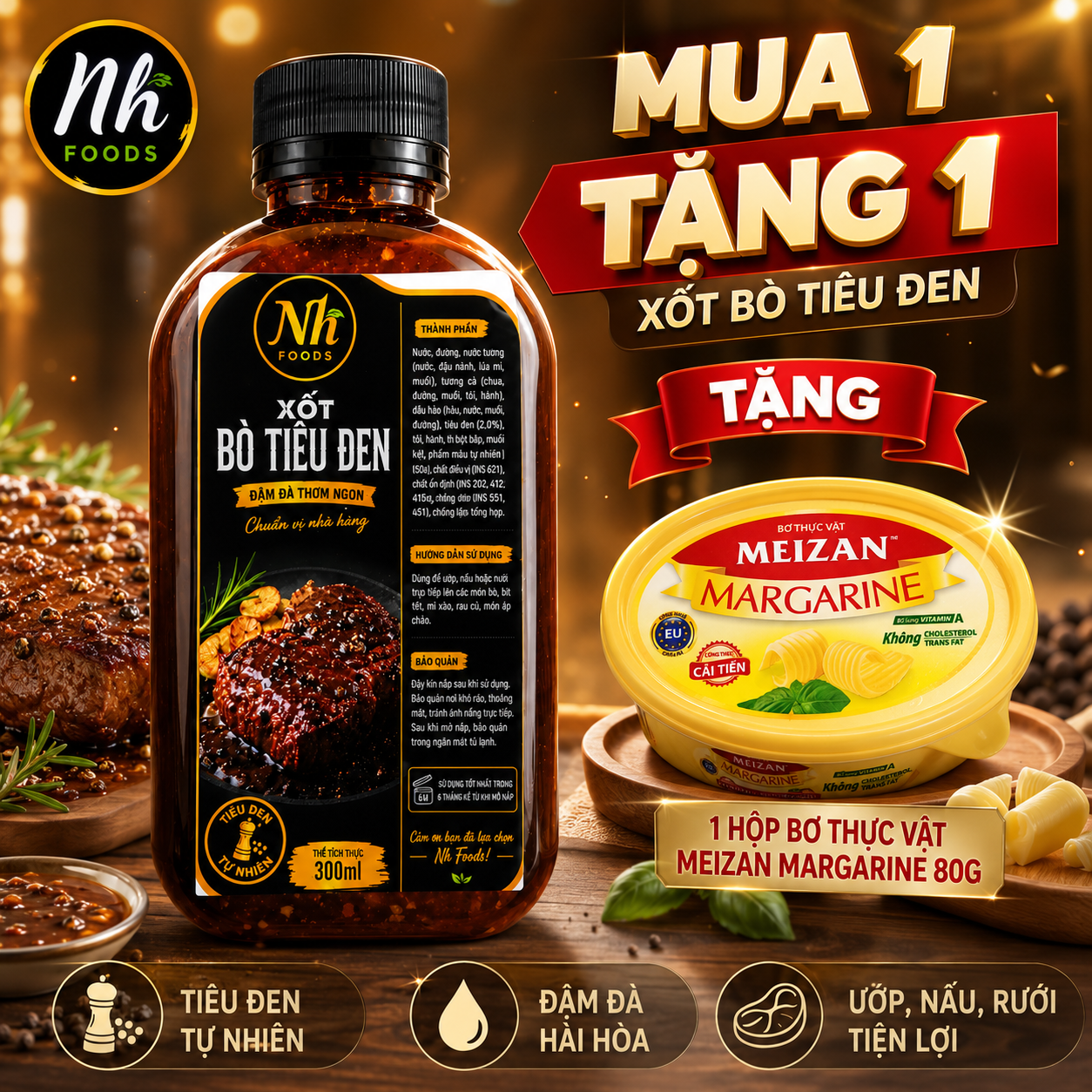 (Mua 1 Tặng 1) Xốt bò tiêu đen Nh Foods 300ml, đậm đà thơm ngon, chuẩn vị nhà hàng, tiêu đen từ thiên nhiên, đảm bảo chất lượng.