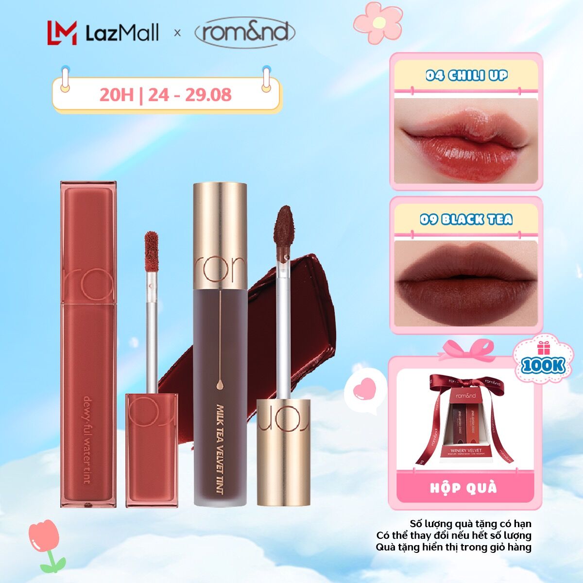 Combo Son kem lì Romand Milk Tea Velvet Tint 4.4g + Son tint bóng Romand Dewyful Water Tint 5g