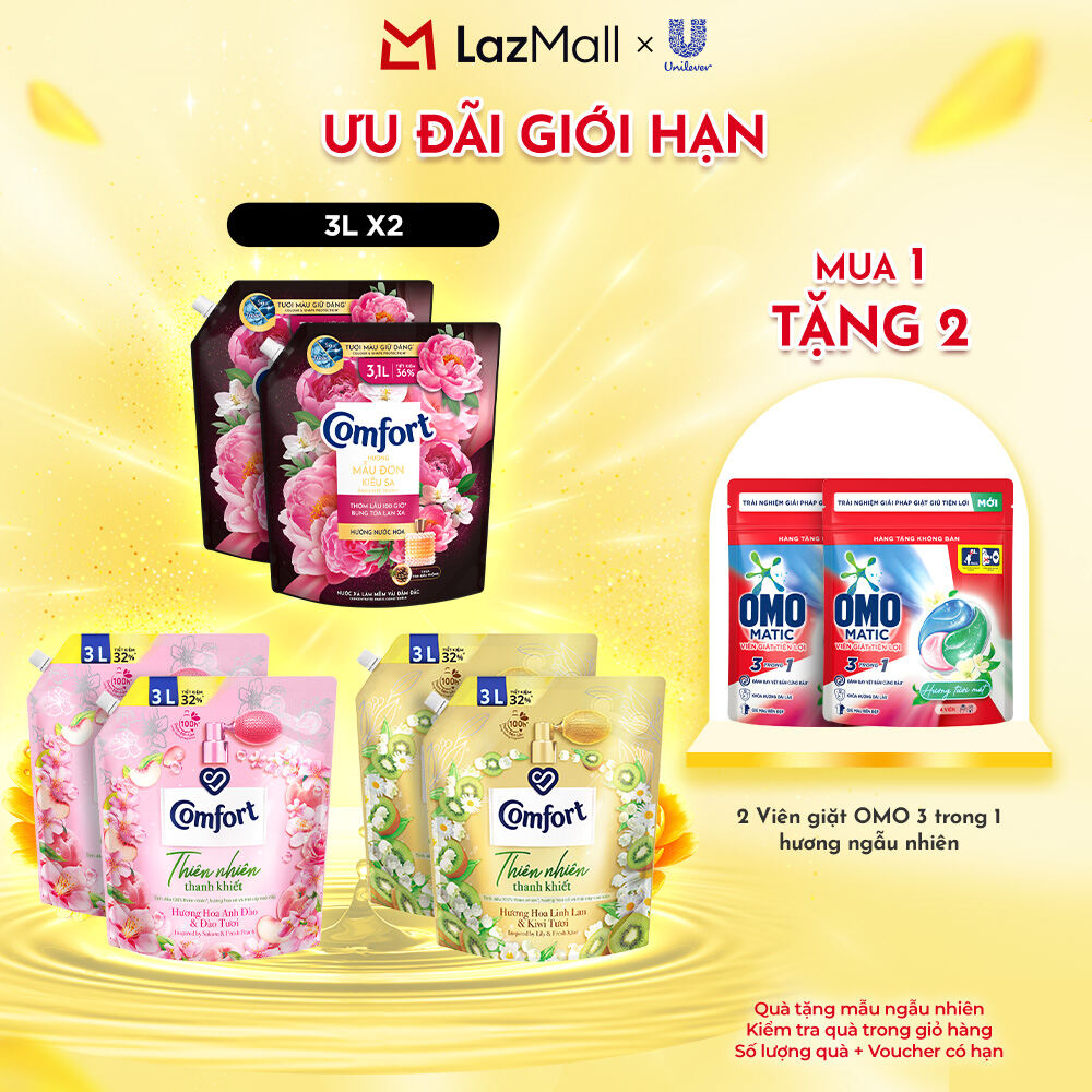 Combo 2 túi Nước Xả Vải Comfort Thiên Nhiên Thanh Khiết/ Mẫu Đơn Kiêu Sa 3.0L/3.1L x2