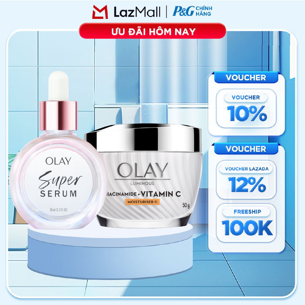 Combo 2 SUPER SERUM OLAY SỨC MẠNH TỪ 5 DƯỠNG CHẤT TRONG 1 - Chai 30ML Và Kem Dưỡng Ẩm OLAY LUMINOUS NIACINAMIDE + VITAMIN C 50G