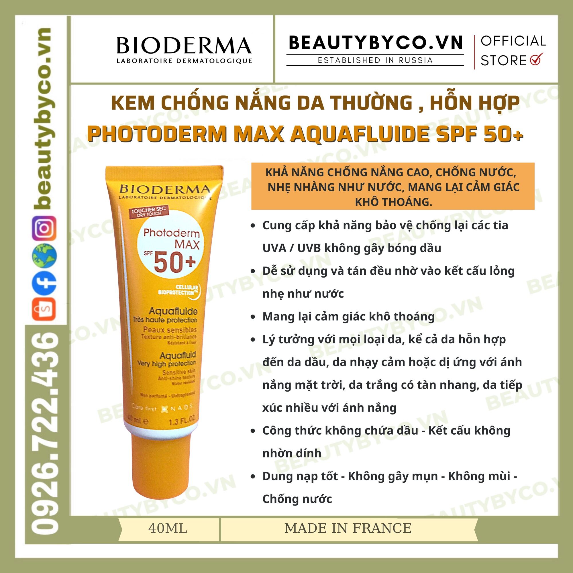 Kem Chống Nắng Bioderma Photoderm Max Aquafluide Teinte Claire Tông Màu Tự Nhiên Spf50+ 40Ml