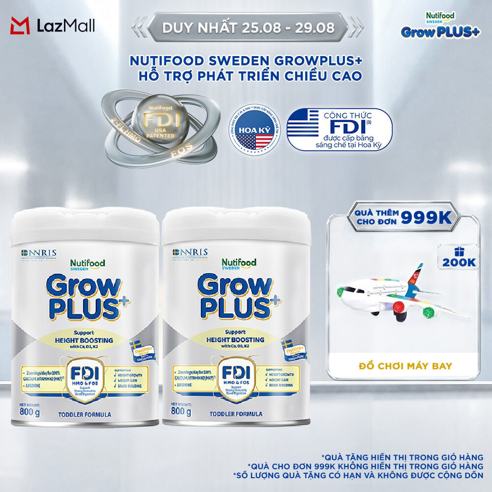 Combo 2 Sữa Bột Nutifood Sweden GrowPLUS+ Cao lớn vượt trội - Hỗ trợ phát triển chiều cao (Bạc) 800g