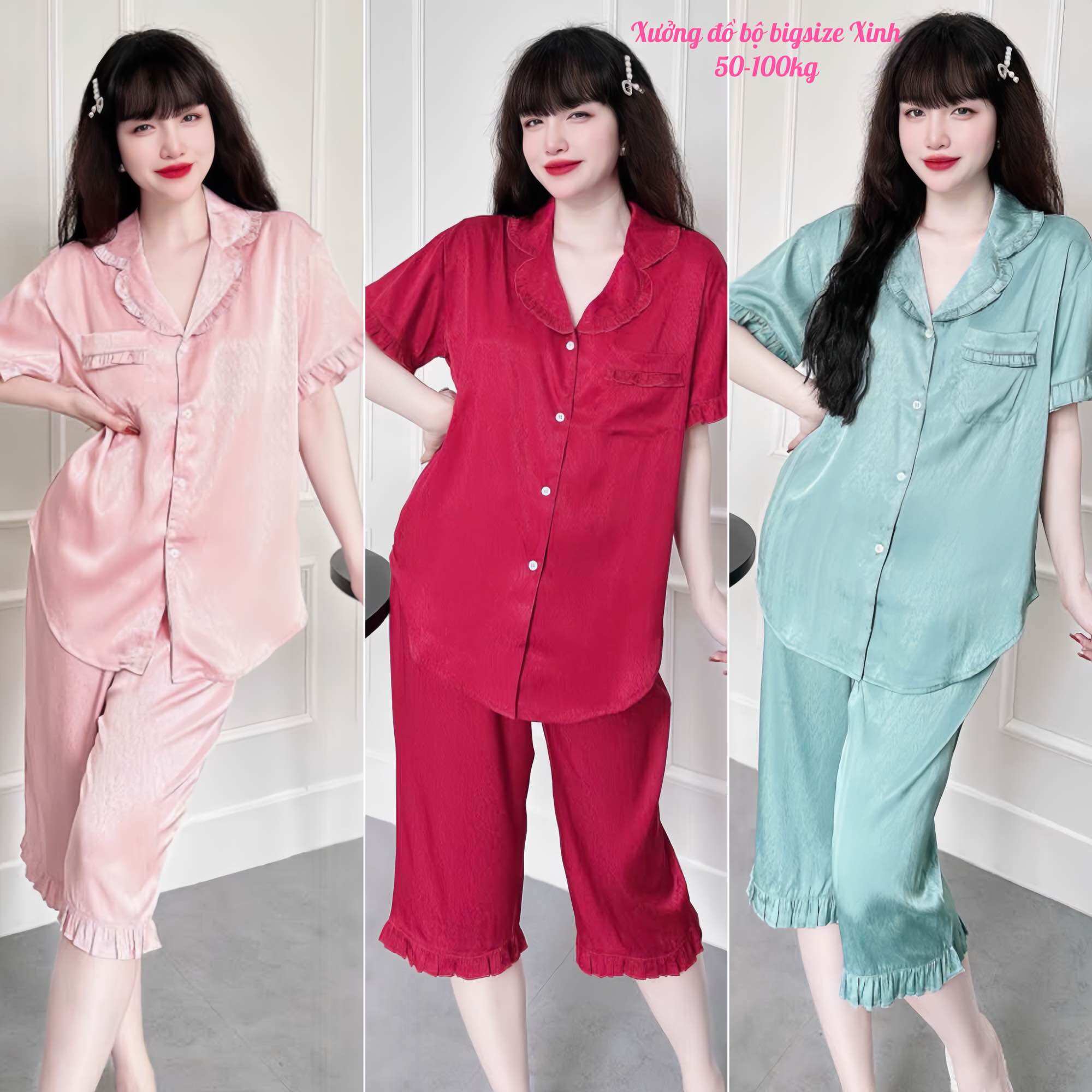 Đồ Ngủ Bigsize Lửng lụa xước ánh kim cao cấp 59-100kg mặc nhà mát mẻ và sang chảnh