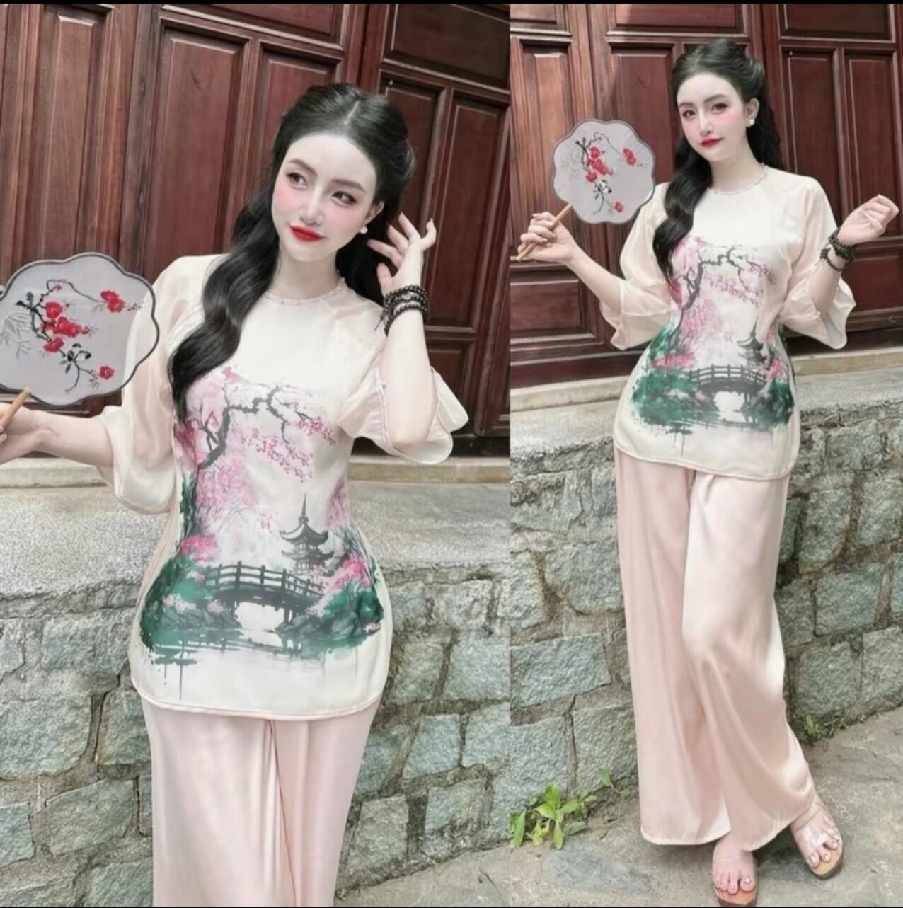 Sét lam cổ tròn nút ngọc chất lụa voan tơ ánh kim
