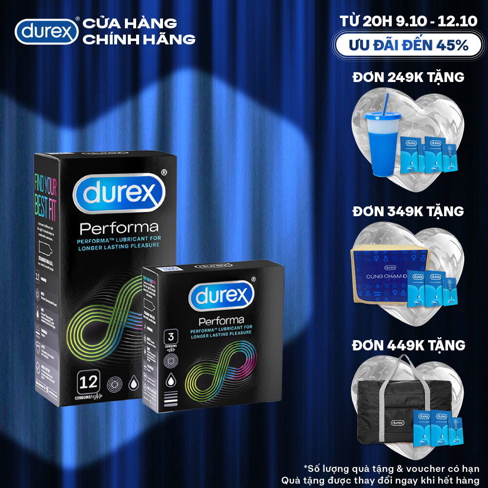 [TỪ 20H | 9-12.10 VOUCHER GIẢM THÊM 5%] Bộ bao cao su Durex Performa kéo dài thời gian size 52mm, 1 hộp 12 bao và 1 hộp 3 bao