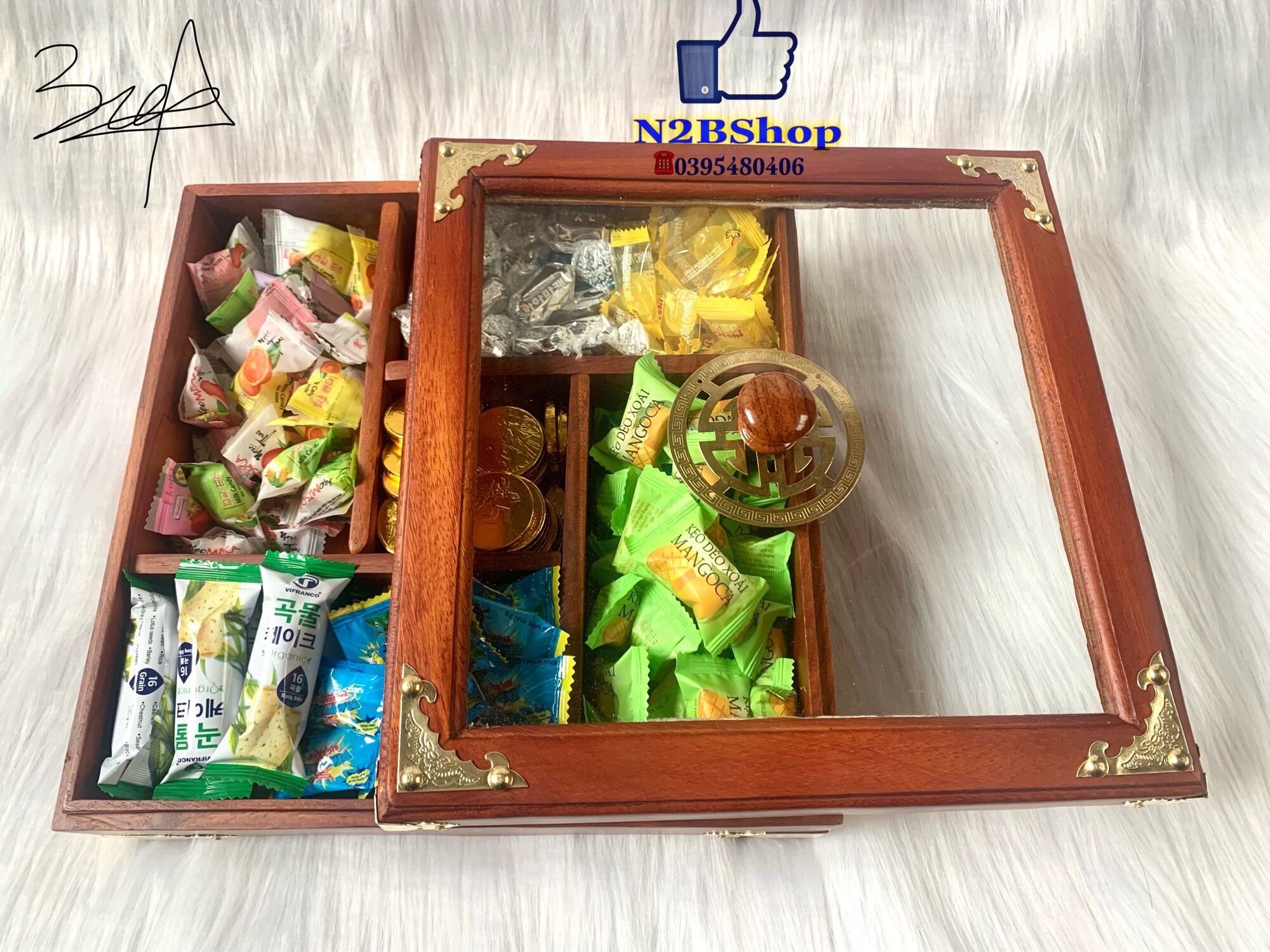 Hộp đựng Bánh Kẹo mứt tết , bằng gỗ hương mặt kính
